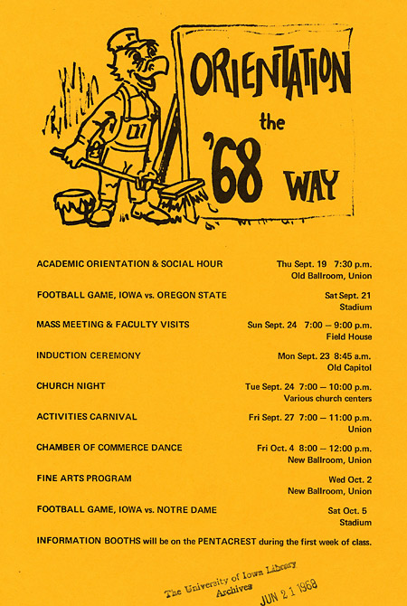 Freshman orientation week schedule, 1968