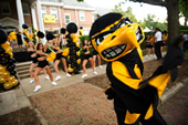 Herky, who seemed to show up at nearly every On Iowa! event throughout the weekend, did not disappoint his faithful fans at the block party.