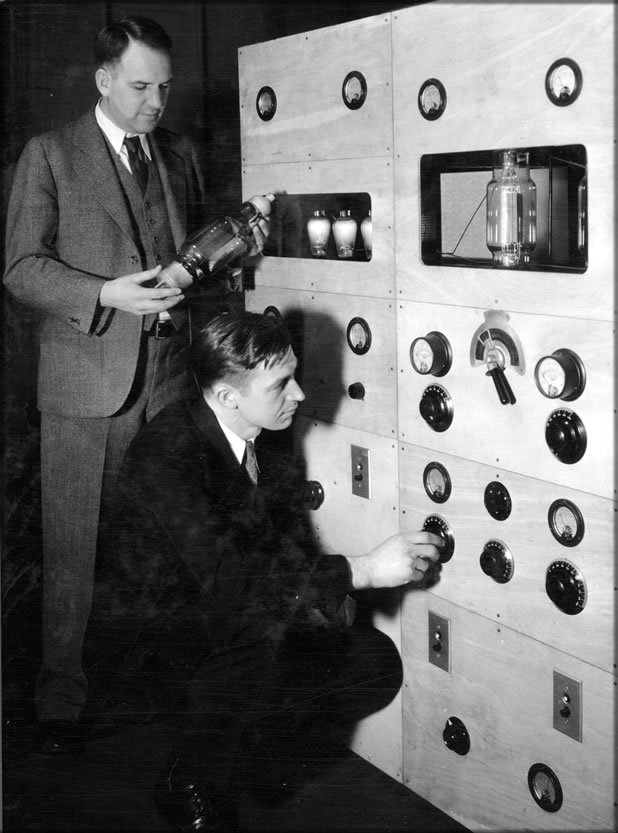 E.B. Kurtz and J.L. Potter in front of television transmitter