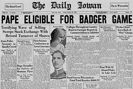 Oct. 25, 1929, the day after the historic stock market crash. Though the story made the front page, the DI led with the upcoming football game against Wisconsin. 