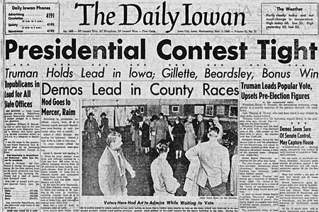 Nov. 3, 1948. Dewey did not defeat Truman, and the DI correctly called it a close race. 
