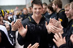 Senior swimmer Ryan Phelan gets high fives during the final dual swimming and diving meet of the season on Feb. 3. No. 14 Iowa hosted Western Illinois and came out with a 123-86 victory. Phelan, along with six of his Hawkeye teammates, will participate in the 2012 U.S. Olympic Trials this summer in Omaha.