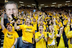 The giant head of Coach McCaffery shows his face in the Hawks Nest during Iowa’s exciting 67-66 defeat of Wisconsin on Feb. 23.