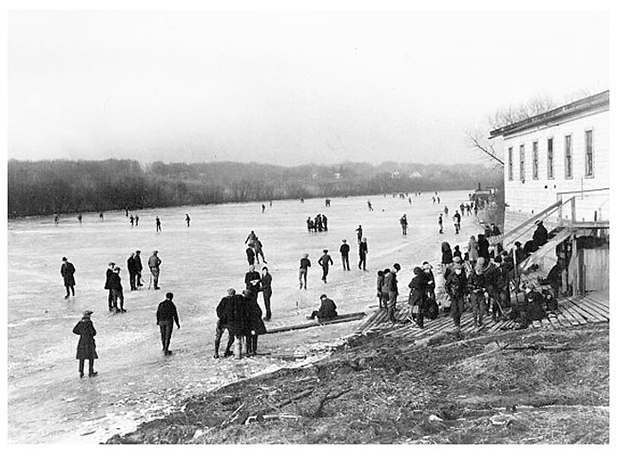 Ice skating on the Iowa River, 1920s