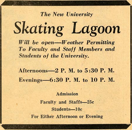 Daily Iowan newspaper advertisement promoting opening of the new skating lagoon, December 1939