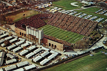 Temporary student housing barracks to the west of Iowa (now Kinnick) Stadium, 1963.