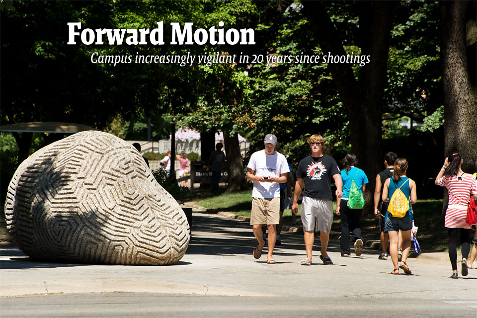 Forward Motion--Campus increasingly vigilant in 20 years since shootings--Ridge and Furrow, a sculpture carved from a 19-ton course granite boulder, is the newest addition to the T. Anne Cleary Walkway, a three-block stretch that links the eastside residence halls to the Pentacrest and at one time accommodated vehicles as part of Capitol Street
