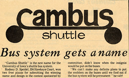 March 24, 1972, Daily Iowan headline announcing the name of the new campus bus service