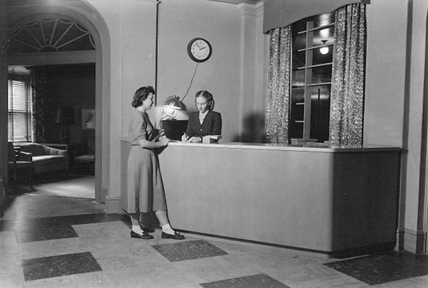 Reception desk, Currier Hall, 1940s