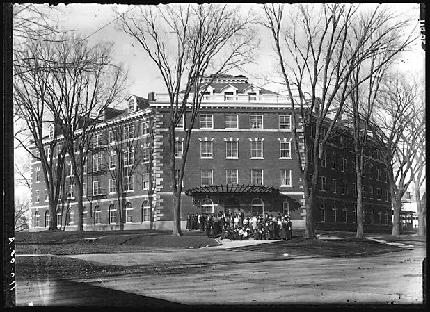 View of Currier Hall main entrance from Clinton Street, 1930s
