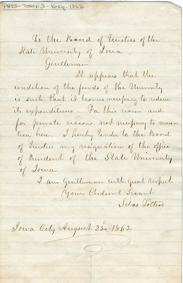Resignation letter by Silas Totten, Aug. 23, 1862 