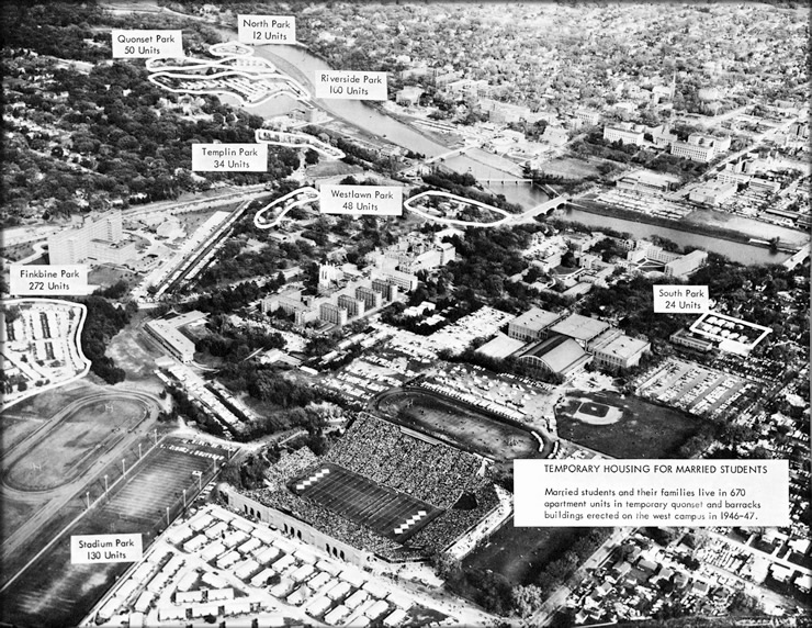 Aerial view of the campus depicts locations of temporary housing units, 1954 from an unidentified University publication