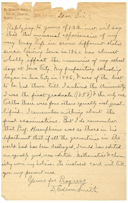 Letter from Dexter Edson Smith to Forest Ensign, 22 January 1913 [Papers of Forest Ensign (RG 99.0220), University Archives, Department of Special Collections, University of Iowa Libraries]