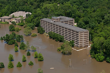 Aerial view of Mayflower Hall during the 2008 flood. File photo by Tom Jorgensen.