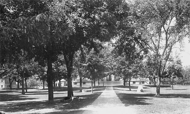 Old Capitol central walk, between 1886 and 1901, facing west.